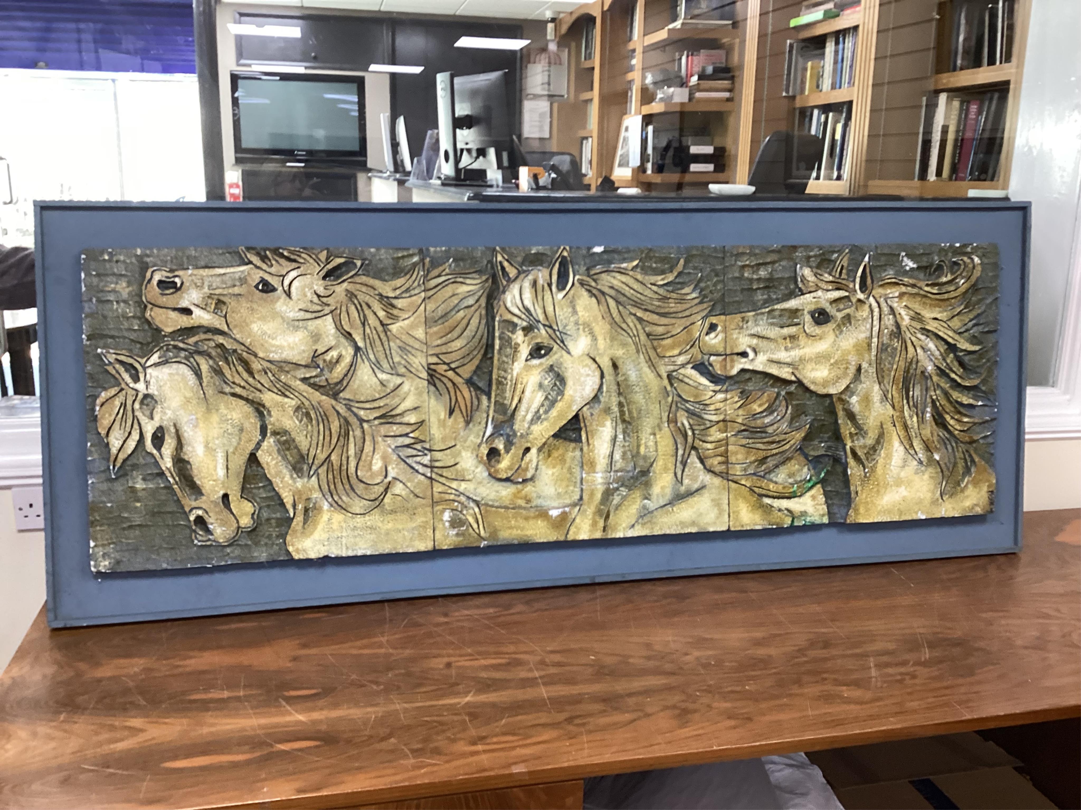 Beryl Maile, ‘Wild Horses’, Dolphin Gallery label verso, relief panel, 76 x 198cm